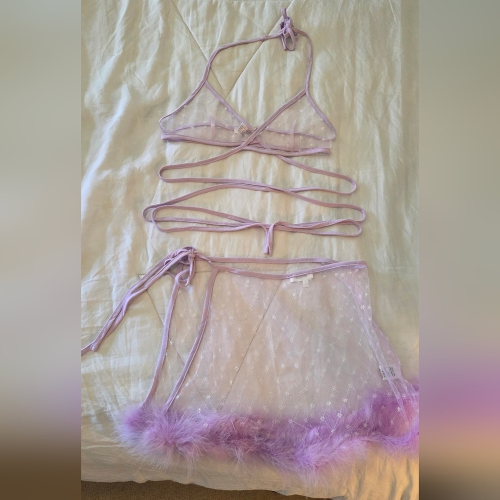 Sheer Lace Wrap Top & Skirt Set — Light Lavender